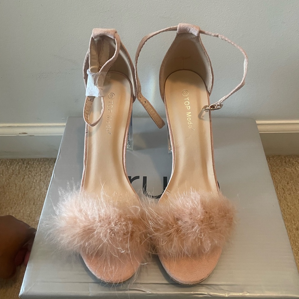 TOP Moda Blush Feather Ankle-Strap High Heels